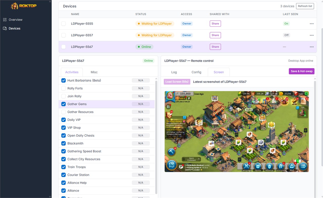 Device sharing management on the ROKTop website